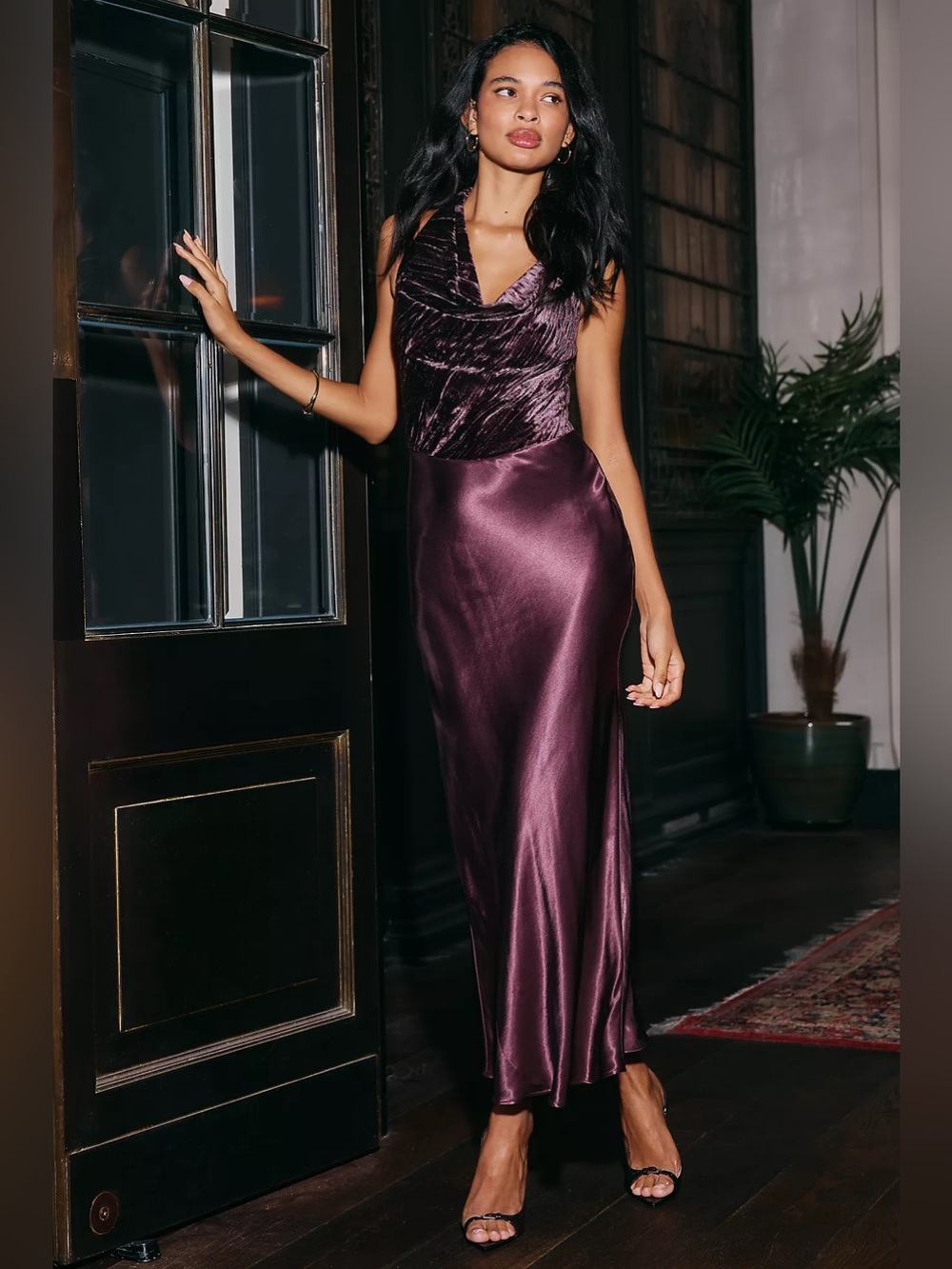 By Anthropologie Cowl-Neck Velvet Maxi Dress Size L Purple New With Tags